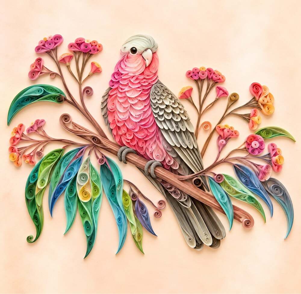 8x8 Framed Pink Cockatoo & Floral Branch Art Print